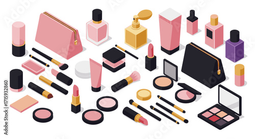 Isometric makeup collection with lipsticks, brushes, and perfumes on white background
