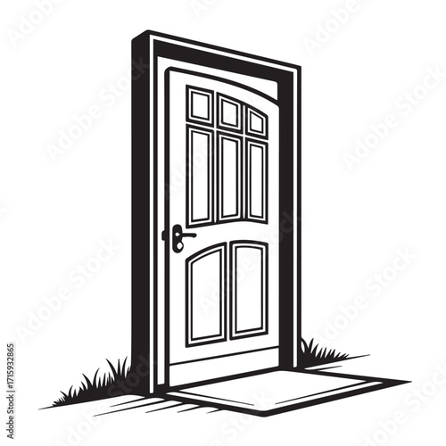 Illustration of a door isolated on white background, inviting viewers to step into a new opportunity or transition, symbolizing possibilities and new beginnings in a simple yet evocative design