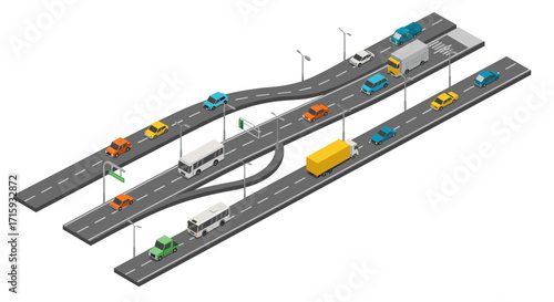 Isometric highway traffic flow with vehicles and road signs in 3d design