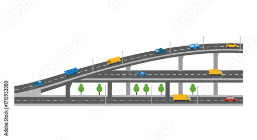Elevated highway traffic in flat design with cars and trucks