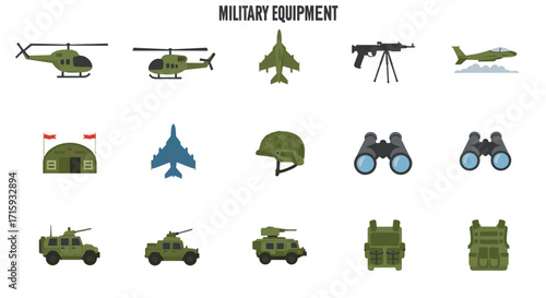 Military icons: modern equipment collection with helicopters, jets, and vehicles