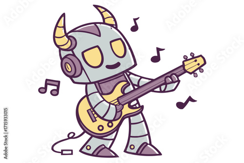 Cute Horned Robot Playing Electric Guitar with Musical Notes Cartoon Vector Illustration.