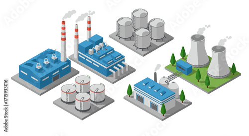 Industrial energy facilities in isometric view with various structures and tanks