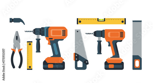 Colorful flat design set of diy tools including drill, saw, pliers, and ruler for home improvement projects