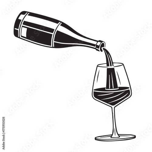 Elegant illustration of a wine bottle pouring red wine into a glass, isolated on white background, capturing the essence of celebration, relaxation, and the art of wine tasting