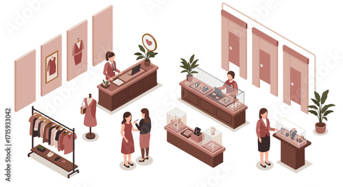 Fashion boutique isometric design with clothing displays and customer interactions