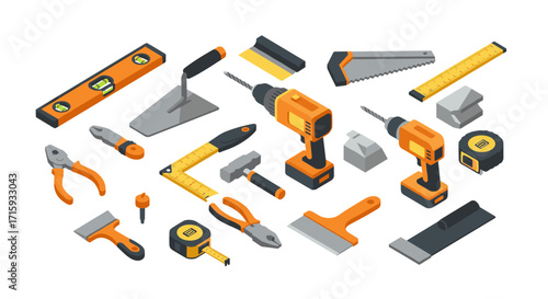 Isometric construction tools collection with power drill and hand tools