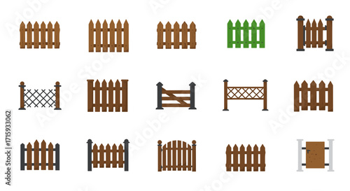 Variety of fence designs: wooden, picket, and decorative styles