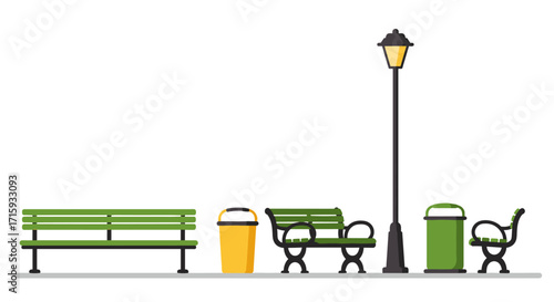 Urban park elements: benches, trash bins, and lamp post on white background