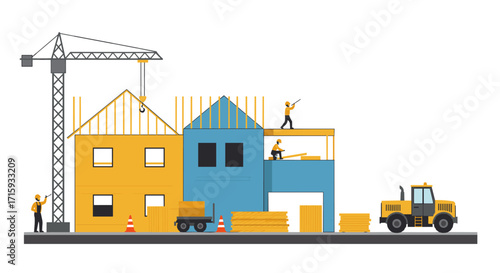 Construction site with workers and crane: modern flat design concept