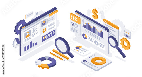 Isometric analytical dashboard with magnifying glass and charts: data analysis concept