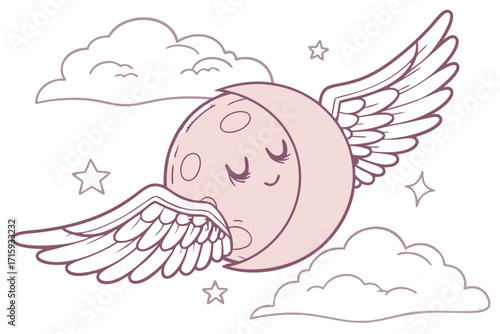 Cute winged crescent moon character pale pink with closed eyes and a gentle smile whimsical illustration.