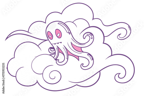 Cute Spooky Cartoon Octopus with Pink Eyes and Fangs Hovering in Stylized Clouds.