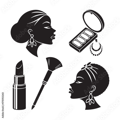 Illustration of beauty and makeup isolated on white background, featuring a womans face, makeup palette, lipstick, and brush, representing cosmetics and personal care