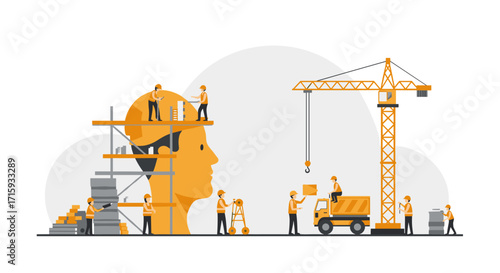 Teamwork in construction: workers building giant head sculpture with crane and scaffolding