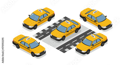 Isometric yellow taxi cab pattern on geometric road background