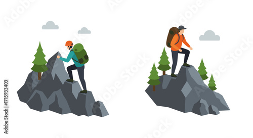 Outdoor adventure and hiking exploration with backpackers in isometric style