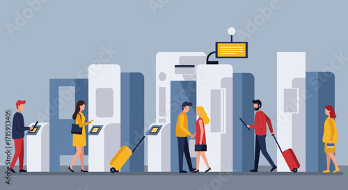 Flat design commuters with luggage in modern train station setting