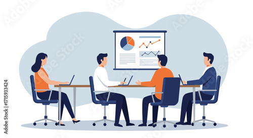 Team meeting with presentation charts in modern office setting