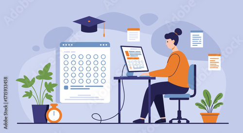 Student taking online test at home in modern workspace with plants and clock