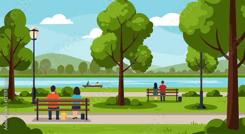 Tranquil park scene with people on benches and boaters on lake in flat style