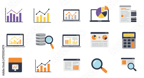 Data analysis icons: flat design for business and technology projects