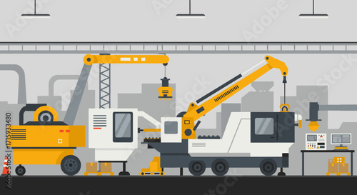 Automated factory scene with modern machinery in flat style