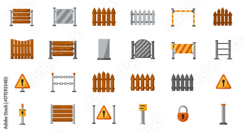 Variety of fence and barrier designs with caution symbols in flat style