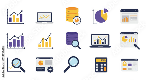 Data analytics icons set featuring charts, graphs, and technology elements