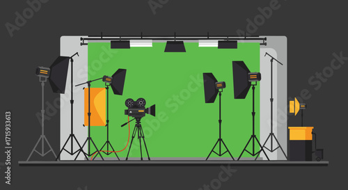 Professional photography studio setup with lighting and green screen
