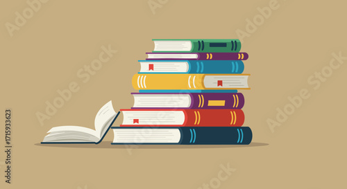 Colorful stack of books on brown background perfect for educational content
