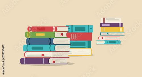 Colorful stack of books in modern flat design on beige background