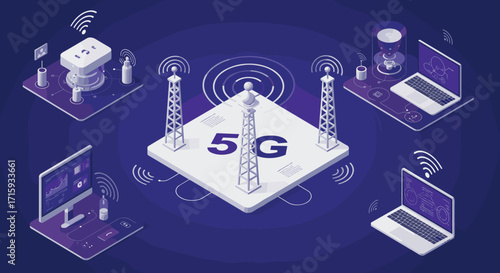 Advanced 5g technology network concept with isometric devices and signal towers