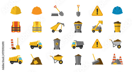 Construction equipment icons collection: tools, safety gear, and machinery for building projects