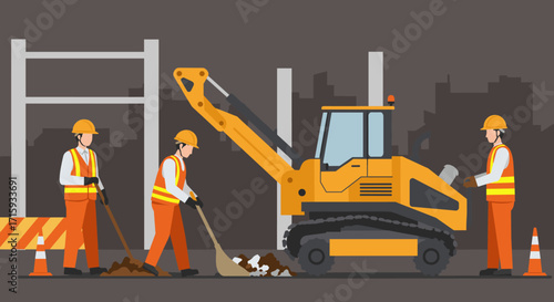 Construction crew operating excavator at urban site in flat design