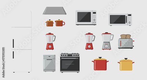 Modern kitchen appliance collection with blender, toaster, and fridge in flat style