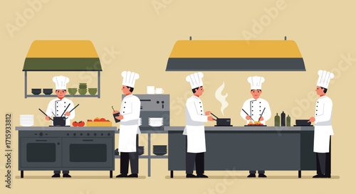 Professional chefs cooking in a modern kitchen scene with flat design elements