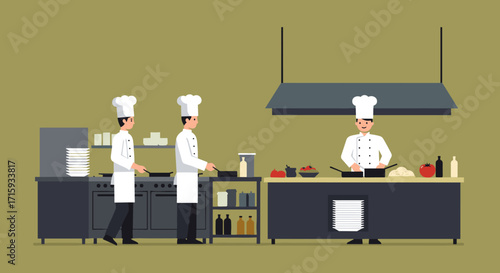 Team of chefs cooking in modern kitchen - flat design