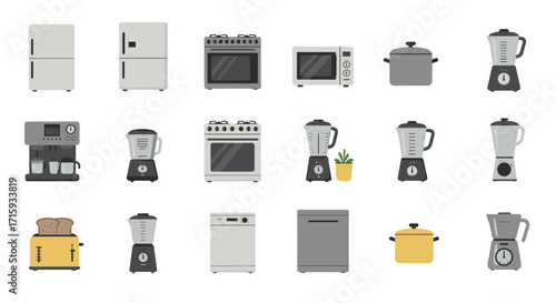 Home kitchen appliance set featuring minimalist flat design elements
