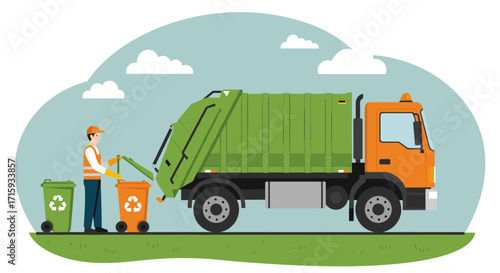 Garbage collection process with recycling bins and truck in flat design