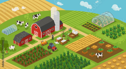 Isometric farm landscape with barn, crops, and livestock in a rural setting