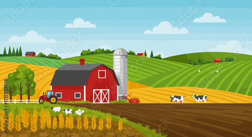 Countryside farm with red barn, tractor, and cows in scenic rural landscape