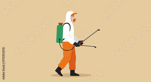 Worker in protective gear spraying disinfectant