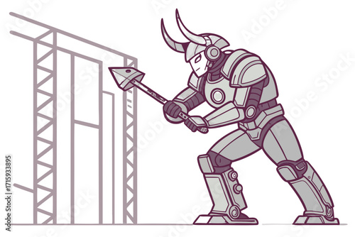 Grey Armored Robot Warrior with Horned Helmet Wielding Pickaxe in Dynamic Striking Pose.