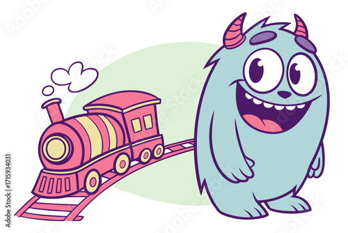 Happy blue furry monster with pink horns standing beside a colorful cartoon toy train.