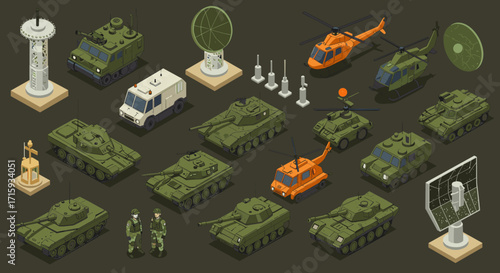 Isometric military vehicles and equipment set with tanks and helicopters