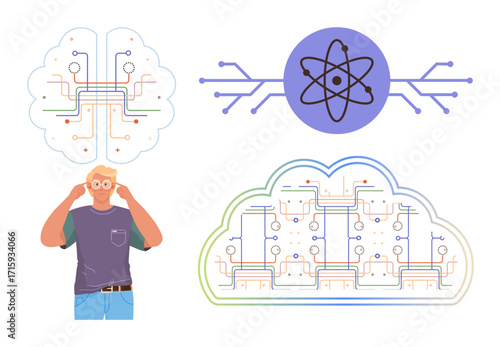Person thinking alongside interconnected digital brain and atom-thumbs up symbol, representing artificial intelligence, machine learning, and neural networks. Ideal for innovation, technology, data