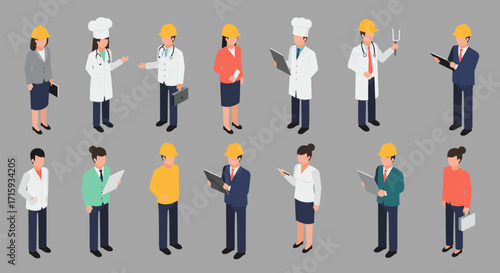 Isometric characters in professional attire showcasing diverse occupations on gray background