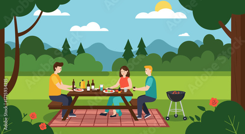 Scenic summer picnic with friends in flat design