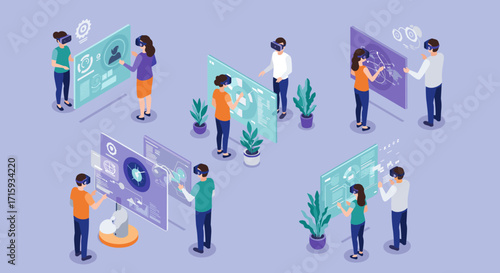 People interacting with augmented reality interfaces in isometric style